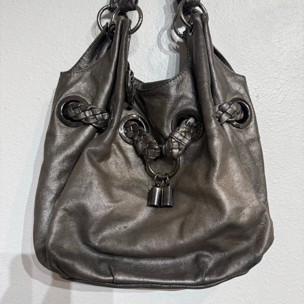 Michael Kors Metallic Silver Leather Drawstring Hobo Shoulder Bag Large - Picture 3 of 12